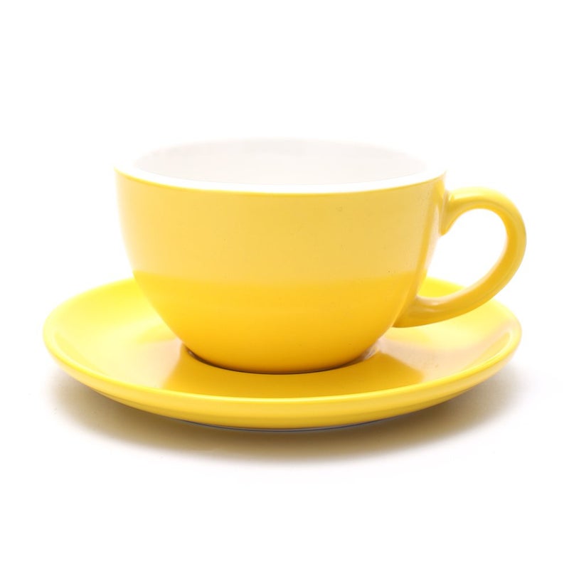 Coffeezone Latte Art Cappuccino Barista Cup and Saucer, New Bone China (Matte Yellow, 10.5 oz) - Image 1